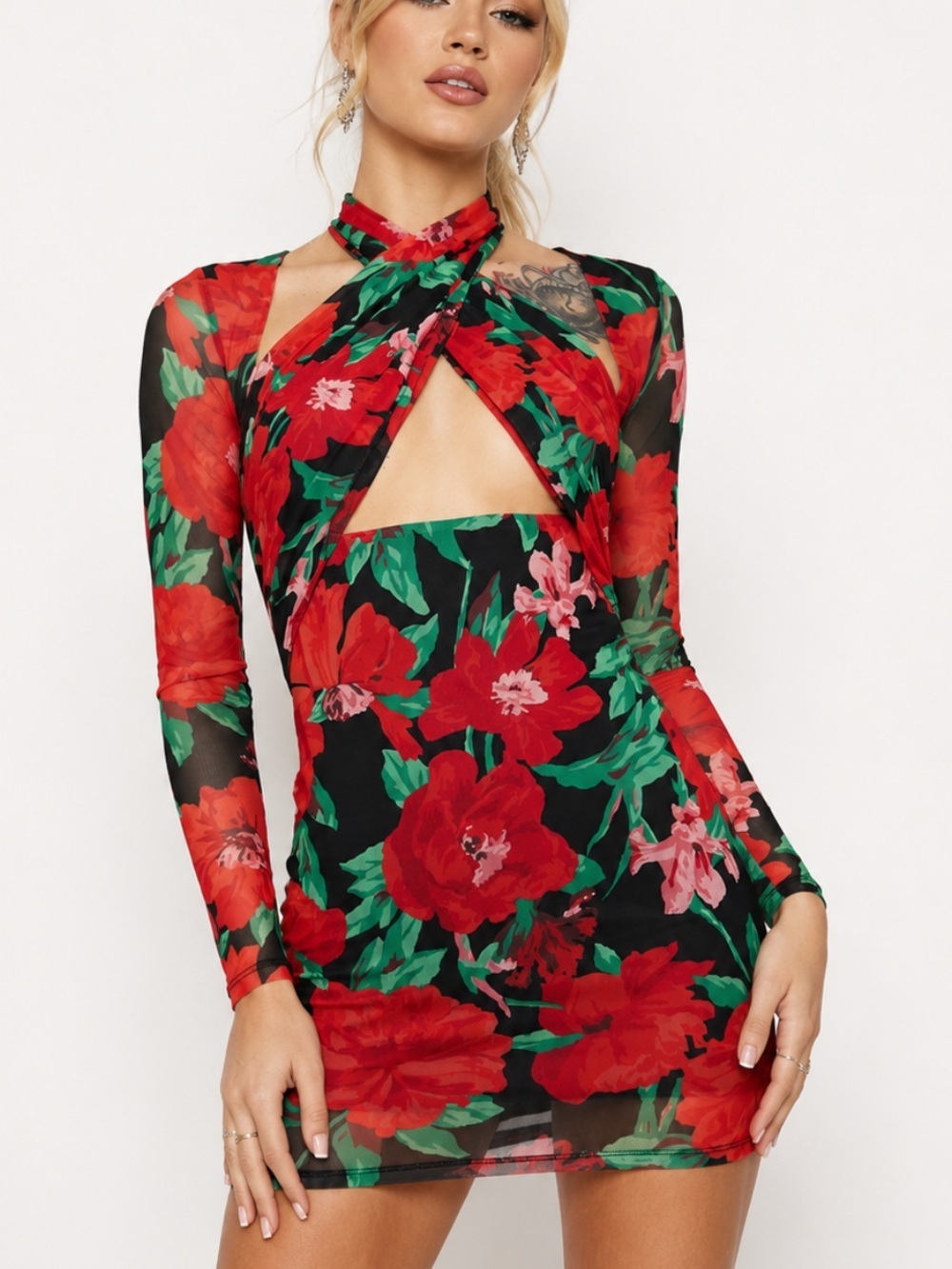 AFRM Lissa Floral Mesh Cutout Mini Dress Small Red Rose Bodycon 39229